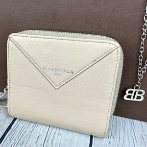 Balenciaga Beige Leather bifold compact zippy wallet with necklace GREAT!
